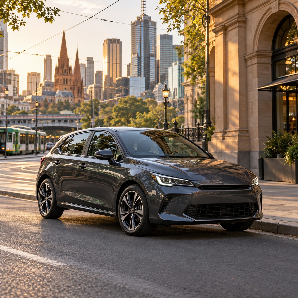 A charcoal passenger vehicle in a Melbourne-inspired city streetscape, shown as Ride concept imagery